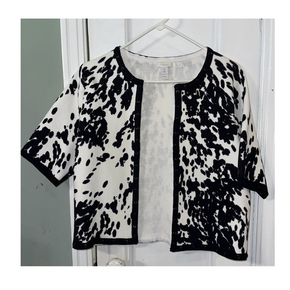 Chicos Black and White Short Sleeve Patterned Cardigan - Picture 1 of 10
